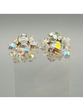 Vintage Crystal Aurora Borealis Bead Cluster Clip-On Earrings
